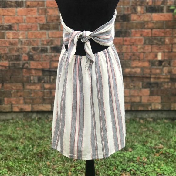 Socialite Cream Blue Red Striped Tie Back Dress B1/12 - Picture 5 of 12